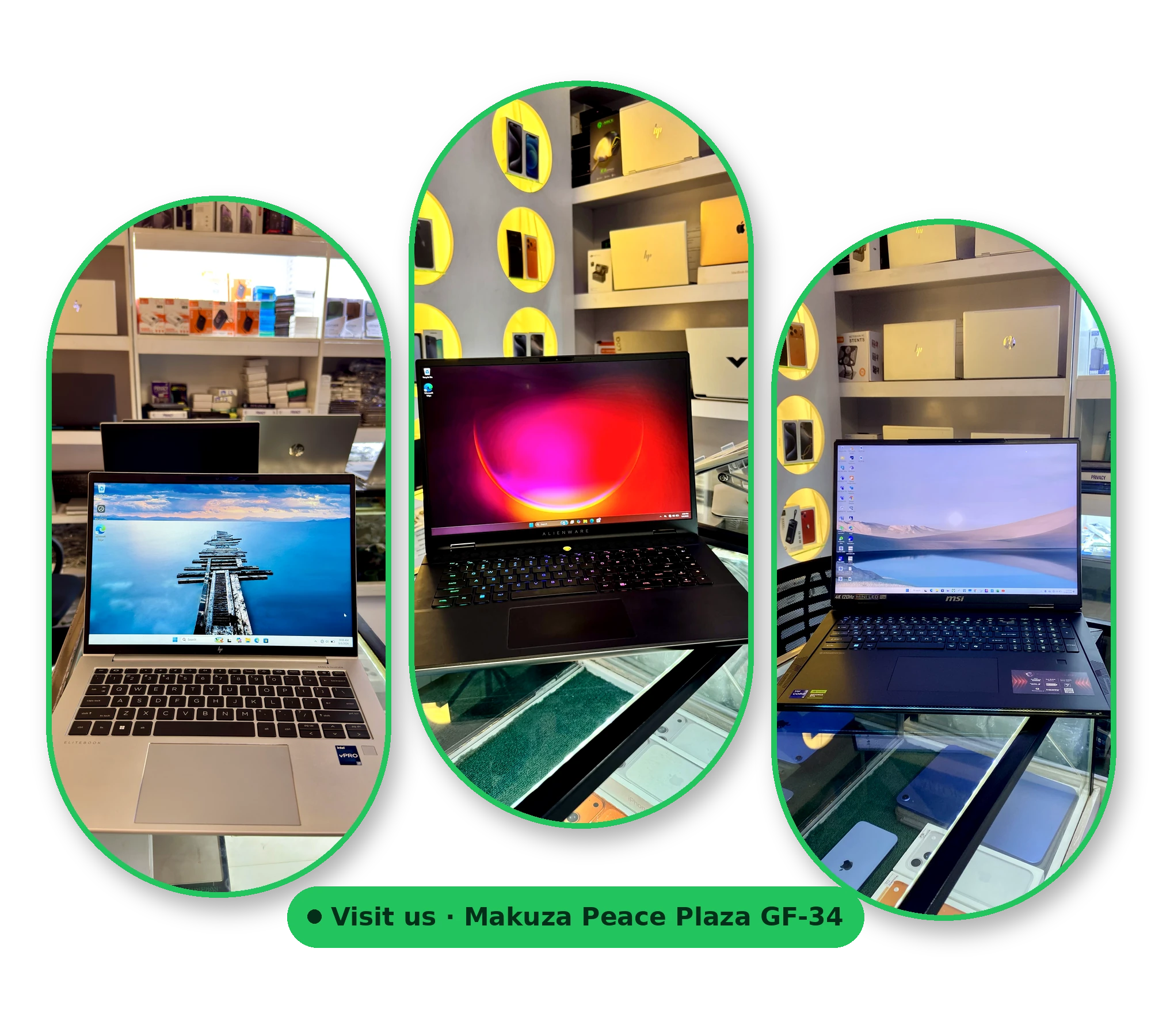 Laptops on display at Kigali Laptop Store shop in Makuza Peace Plaza GF-34, Kigali